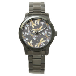 Naadloos patroon met gouden libellen horloge