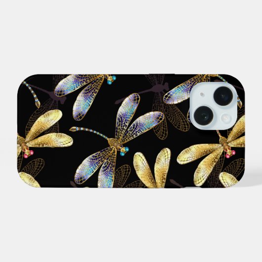 Naadloos patroon met gouden libellen iPhone 15 case (Achterkant horizontaal)