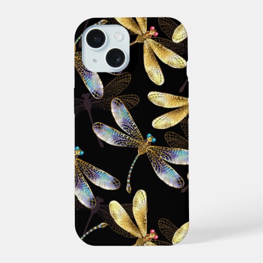 Naadloos patroon met gouden libellen iPhone 15 case (Achterkant)