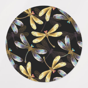 Naadloos patroon met gouden libellen labels