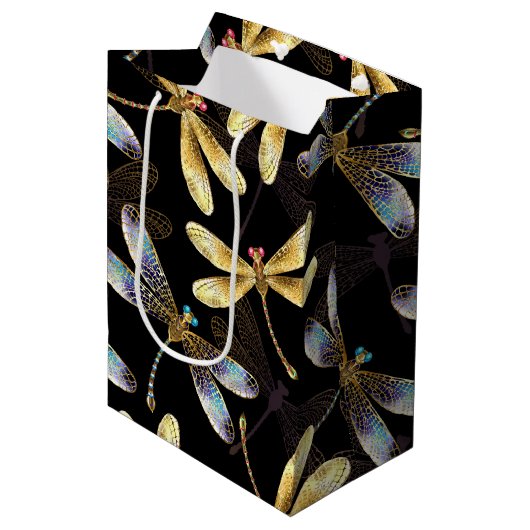 Naadloos patroon met gouden libellen medium cadeauzakje (Voorkant Gekanteld)