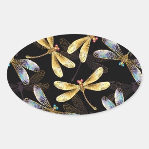 Naadloos patroon met gouden libellen ovale sticker