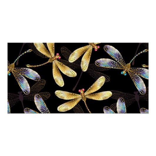 Naadloos patroon met gouden libellen perfect poster (Voorkant)