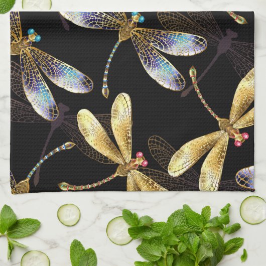 Naadloos patroon met gouden libellen theedoek (Gevouwen)