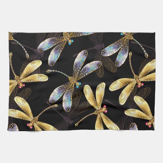 Naadloos patroon met gouden libellen theedoek (Horizontaal)