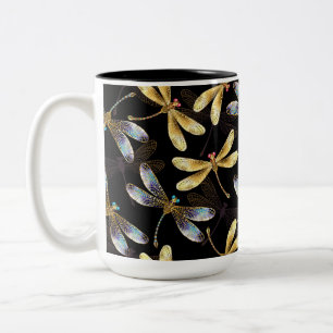 Naadloos patroon met gouden libellen tweekleurige koffiemok