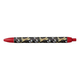 Naadloos patroon met gouden libellen zwarte inkt pen