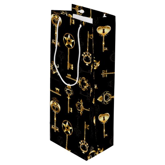 Naadloos patroon met gouden sleutels wijn cadeautas (Voorkant Gekanteld)