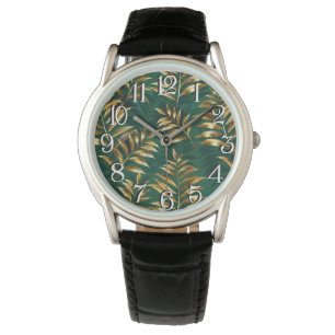 Naadloos patroon met gouden varens horloge