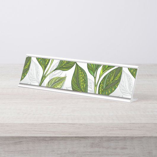 Naadloos patroon met groene theebladeren bureau naambordje (Voorkant)