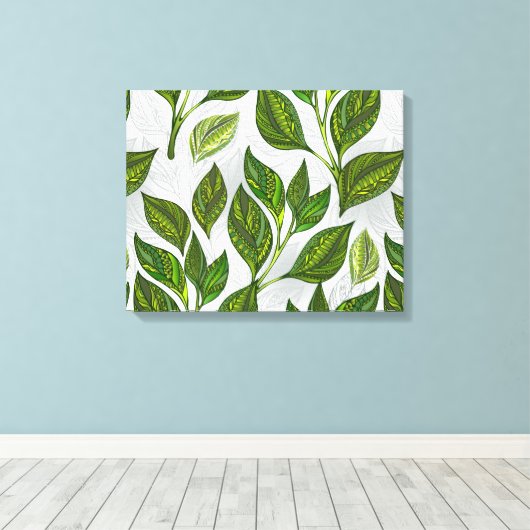 Naadloos patroon met groene theebladeren canvas afdruk (Insitu (Houten vloer))