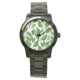 Naadloos patroon met groene theebladeren horloge