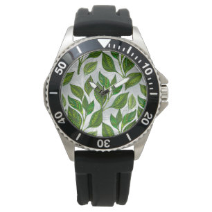 Naadloos patroon met groene theebladeren horloge