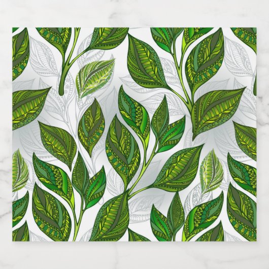 Naadloos patroon met groene theebladeren likeurfles etiket (Enkel label)