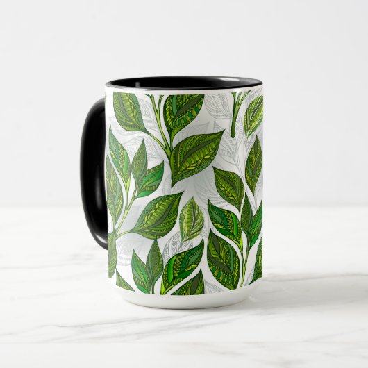 Naadloos patroon met groene theebladeren mok (Voorkant links)