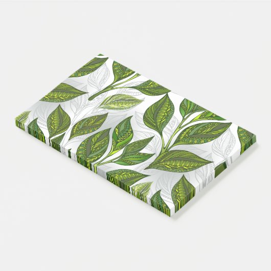 Naadloos patroon met groene theebladeren post-it® notes (Schuin)