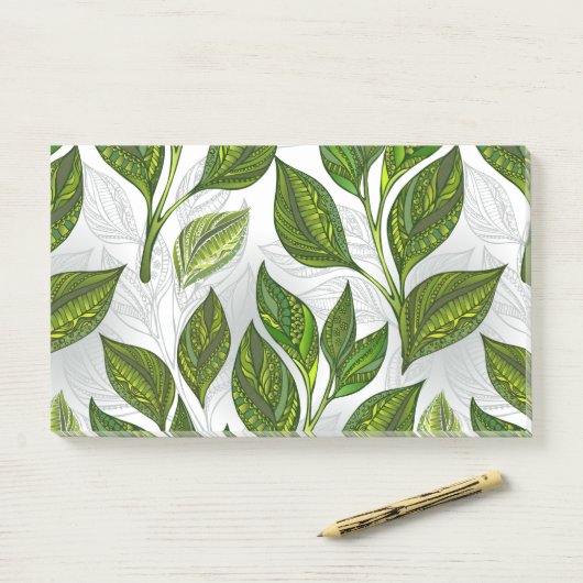 Naadloos patroon met groene theebladeren post-it® notes (Op bureau)