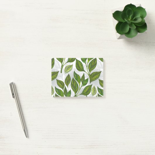 Naadloos patroon met groene theebladeren post-it® notes (Kantoor)