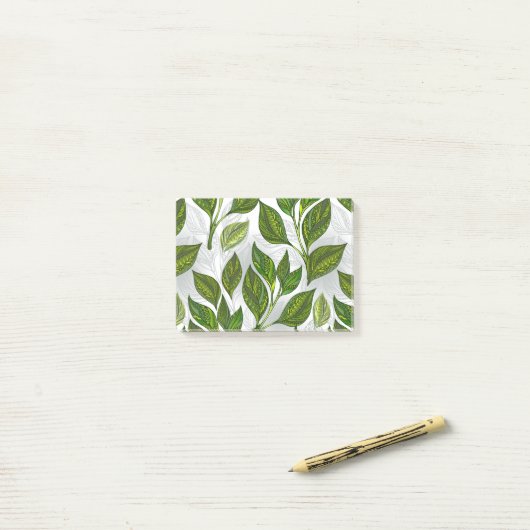Naadloos patroon met groene theebladeren post-it® notes (Op bureau)