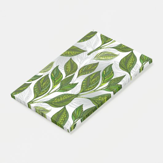 Naadloos patroon met groene theebladeren post-it® notes (Schuin)