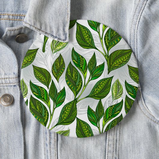 Naadloos patroon met groene theebladeren ronde button 6,0 cm (In situ)