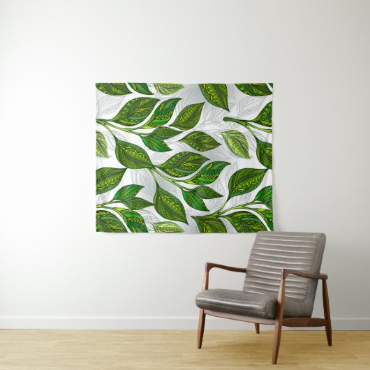 Naadloos patroon met groene theebladeren wandkleed (In Situ (horizontaal))
