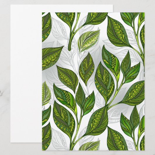 Naadloos patroon met groene theelbladeren aankondiging (Voorkant / Achterkant)
