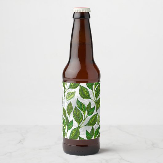 Naadloos patroon met groene theelbladeren bier etiket (Voorkant)