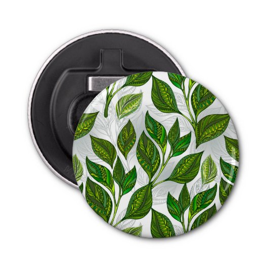 Naadloos patroon met groene theelbladeren button flesopener (Voorkant)