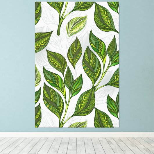 Naadloos patroon met groene theelbladeren canvas afdruk (Insitu (Houten vloer))