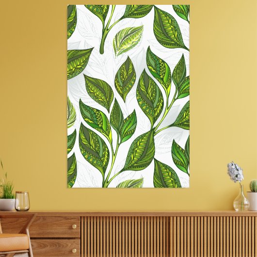 Naadloos patroon met groene theelbladeren canvas afdruk (Insitu (Woonkamer))