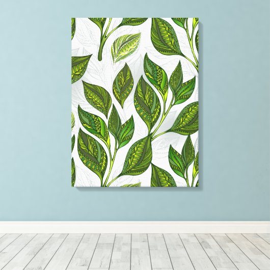Naadloos patroon met groene theelbladeren canvas afdruk (Insitu (Houten vloer))