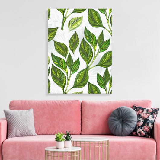 Naadloos patroon met groene theelbladeren canvas afdruk (Insitu (Woonkamer))