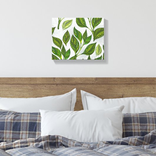 Naadloos patroon met groene theelbladeren canvas afdruk (Insitu (Slaapkamer))