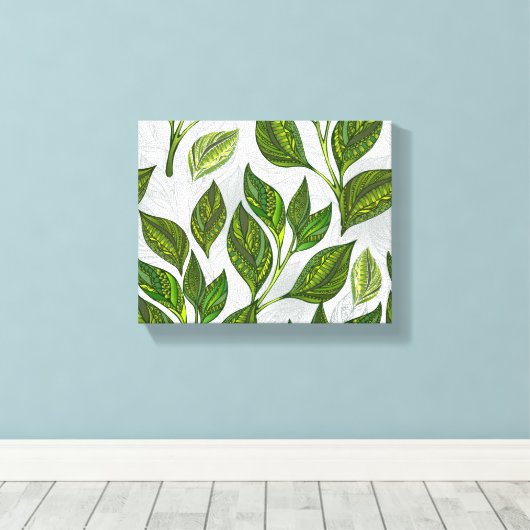 Naadloos patroon met groene theelbladeren canvas afdruk (Insitu (Houten vloer))