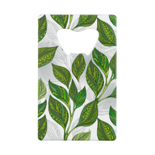 Naadloos patroon met groene theelbladeren creditkaart flessenopener