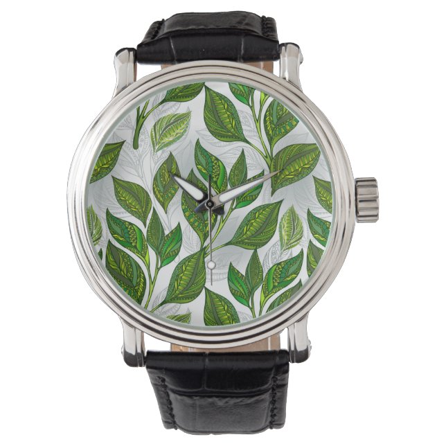 Naadloos patroon met groene theelbladeren horloge (Voorkant)
