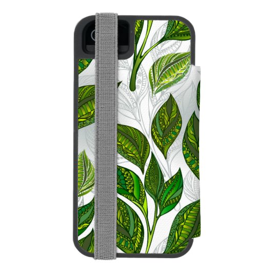 Naadloos patroon met groene theelbladeren incipio iPhone portemonnee hoesje (Agenda Achterkant)