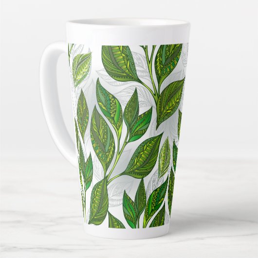 Naadloos patroon met groene theelbladeren latte mok (Linkerhoek)