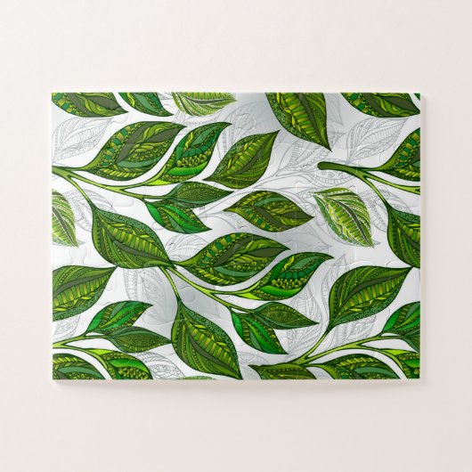 Naadloos patroon met groene theelbladeren legpuzzel (Horizontaal)