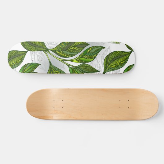 Naadloos patroon met groene theelbladeren persoonlijk skateboard (Horizontaal)