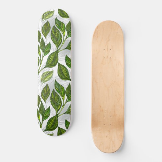 Naadloos patroon met groene theelbladeren persoonlijk skateboard (Voorkant)