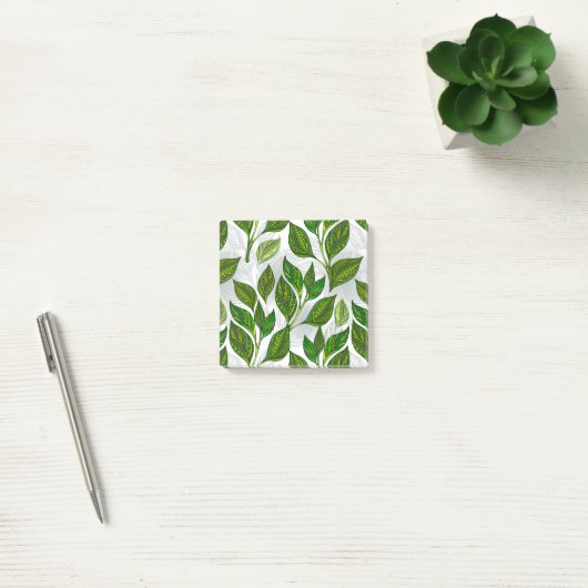 Naadloos patroon met groene theelbladeren post-it® notes (Kantoor)