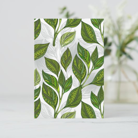 Naadloos patroon met groene theelbladeren RSVP kaartje (Staand voorkant)