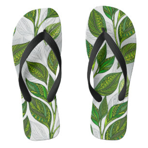 Naadloos patroon met groene theelbladeren teenslippers