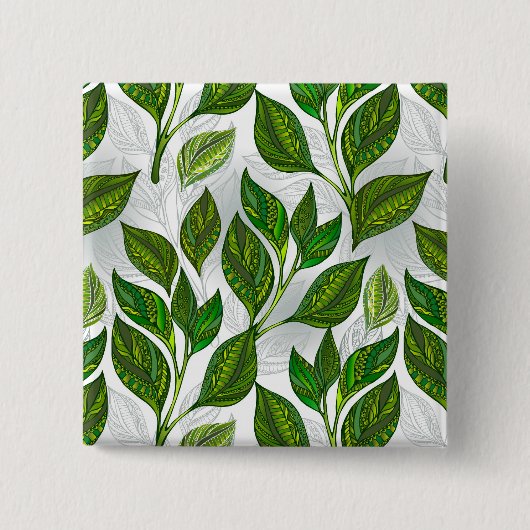 Naadloos patroon met groene theelbladeren vierkante button 5,1 cm (Voorkant)