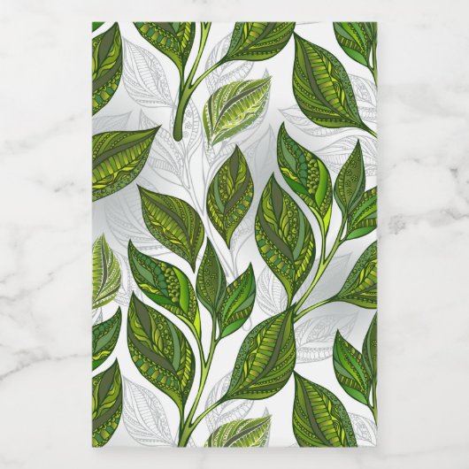 Naadloos patroon met groene theelbladeren voedselcontainer etiket (Enkel label)