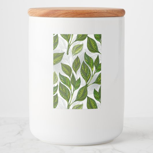 Naadloos patroon met groene theelbladeren voedselcontainer etiket (Voorkant)