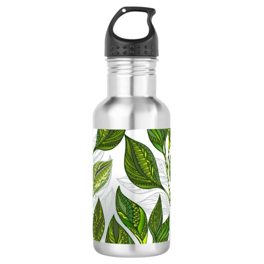 Naadloos patroon met groene theelbladeren waterfles (Voorkant)