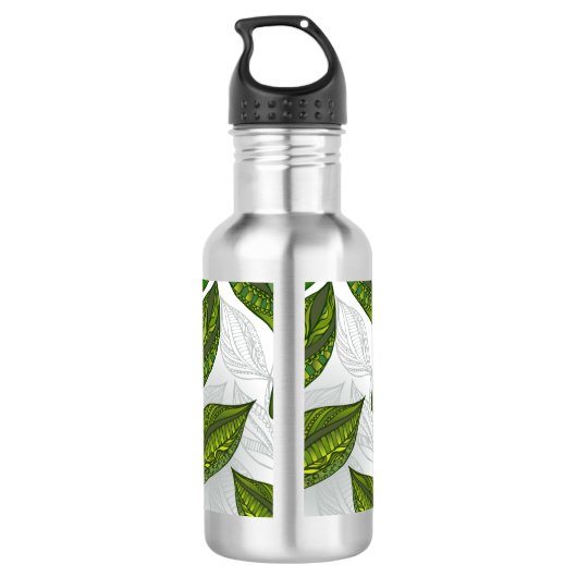 Naadloos patroon met groene theelbladeren waterfles (Achterkant)